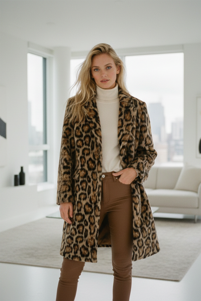 Leopar Desenli Uzun Ceket