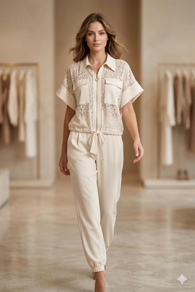 Dantel Detaylı Bağlamalı Gömlek Pantolon Takım