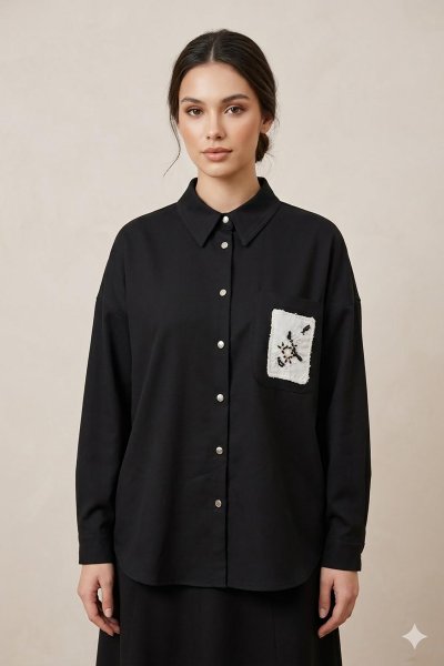 Nakış Cepli Düz Gömlek