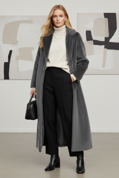 Kadın 38-48 Beden Klasik Yaka Kuşaklı Kaban