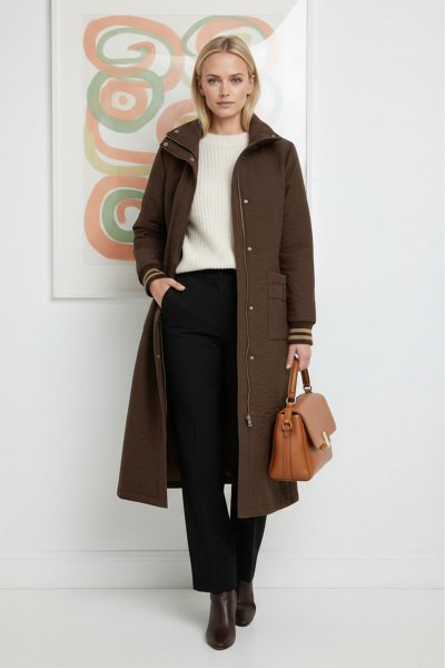 Kapitone Desenli Kuşaklı Uzun Kadın Büyük Beden Kadın Kaban