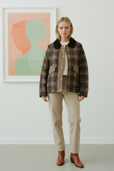 Ekose Desenli Kadife Yakalı Kısa Kadın Ceket