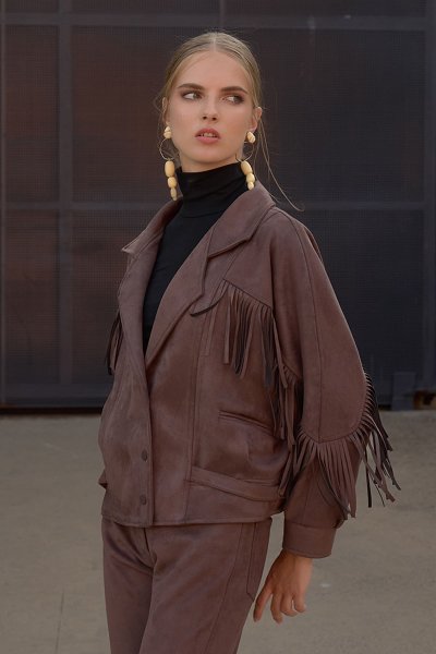 Püskül detaylı süet kruvaze ceket