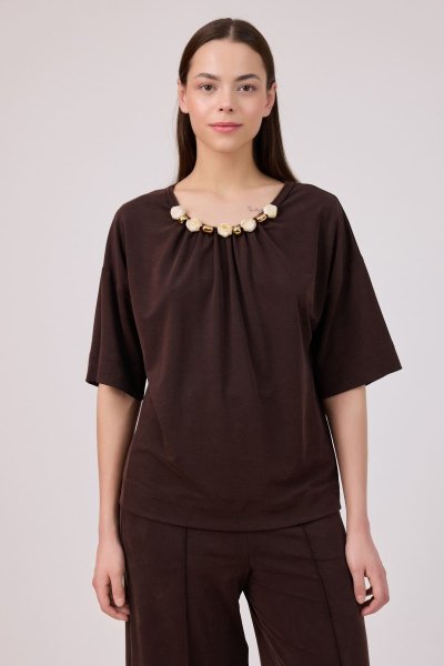 Boncuk detaylı tencel örme bluz