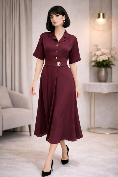 Gold Tokalı Kemerli Midi Elbise