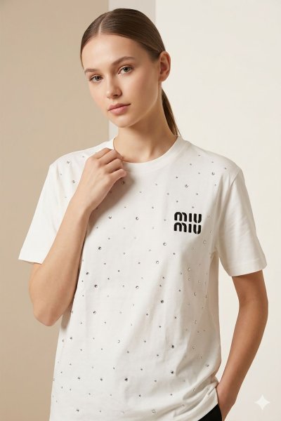 Taş Detaylı Logo Baskılı Basic T-Shirt