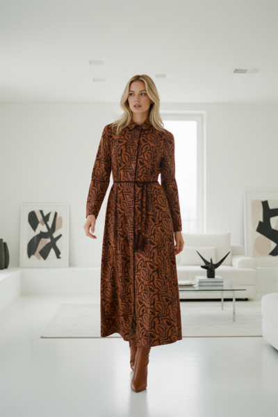 büyük beden kuşaklı desenli elbise