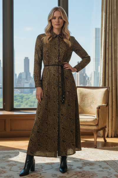 büyük beden kuşaklı desenli elbise