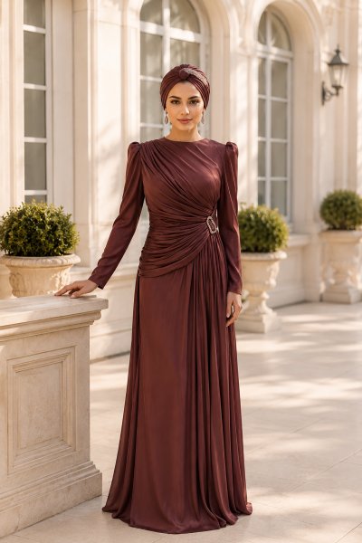 Taş Tokalı Drapeli Tesettür Abiye