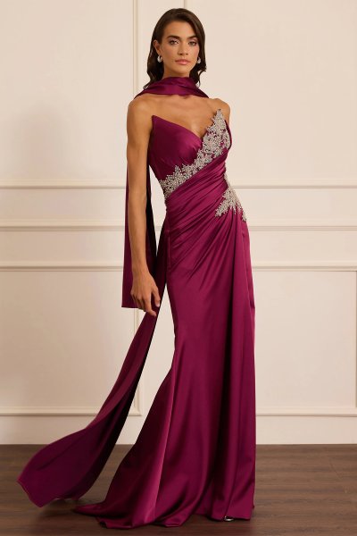 taşlı fular detaylı saten abiye