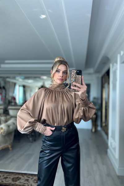 BALIKÇI YAKA DRAPELİ LEOPAR BLUZ