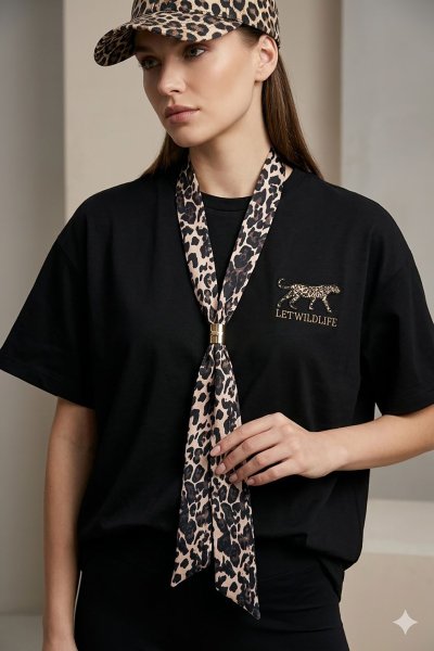 Leopar Desen Fular Detaylı Oversize Tişört
