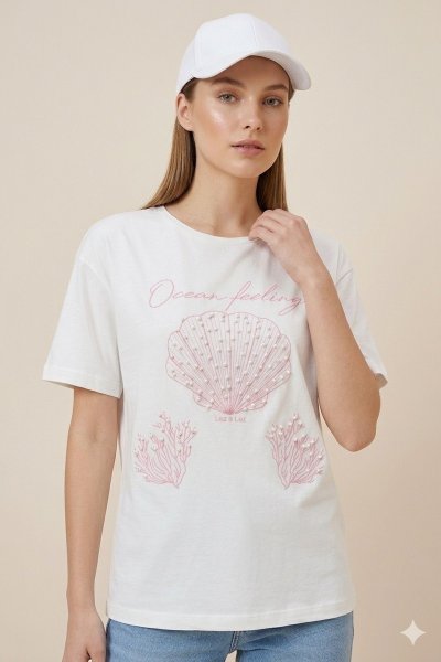 Deniz Kabuğu Baskılı Taş Detaylı T-Shirt