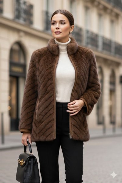 Diyagonal Desen Suni Kürk Ceket