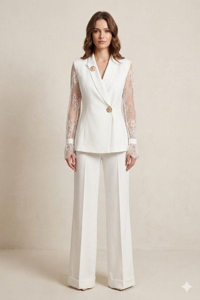 Dantel Kol Detaylı Ceket Pantolon Takım