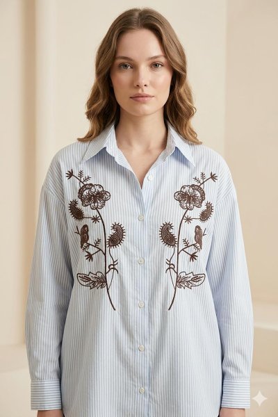 Çizgili Nakışlı Uzun Gömlek