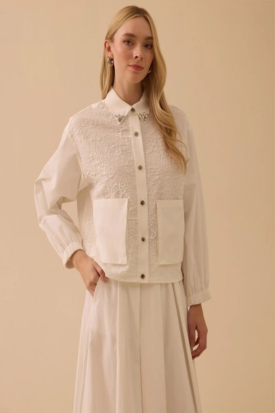 TAŞ DETAYLI CEPLİ DOKUMA CEKET