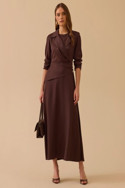 düğme detaylı kruvaze saten elbise