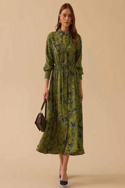 DESENLİ BEL BAĞCIKLI ELBİSE