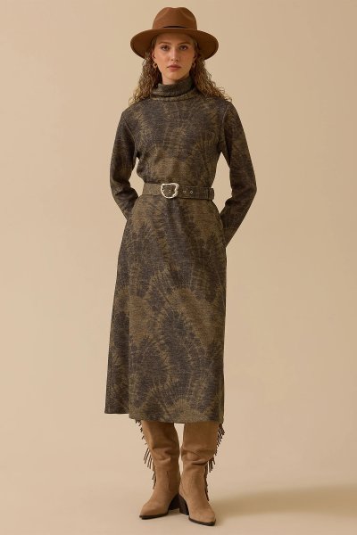 kemerli desenli midi elbise