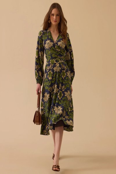 DESENLİ KEMERLİ KRUVAZE ELBİSE