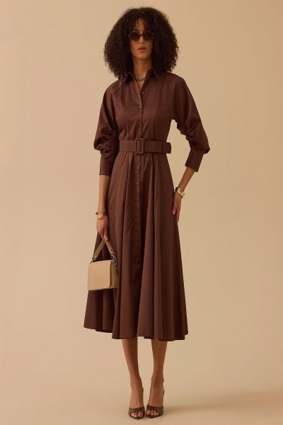 KEMERLİ KOL BÜZGÜLÜ ELBİSE