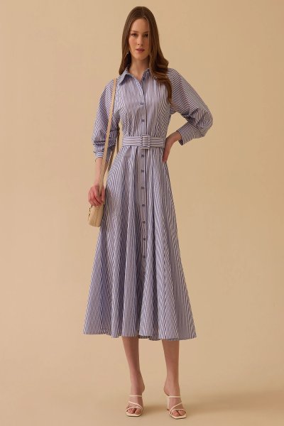 KEMERLİ KOL BÜZGÜLÜ ELBİSE