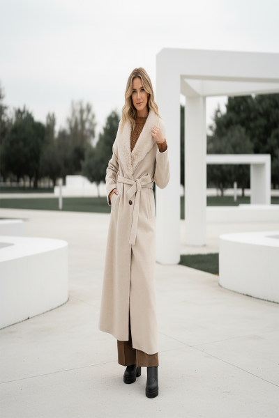 TAM BOY KAŞE KÜRK DETAYLI MANTO