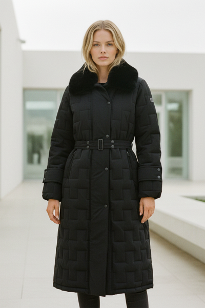 Geometrik Desenli 38-48 Uzun Şişme Mont