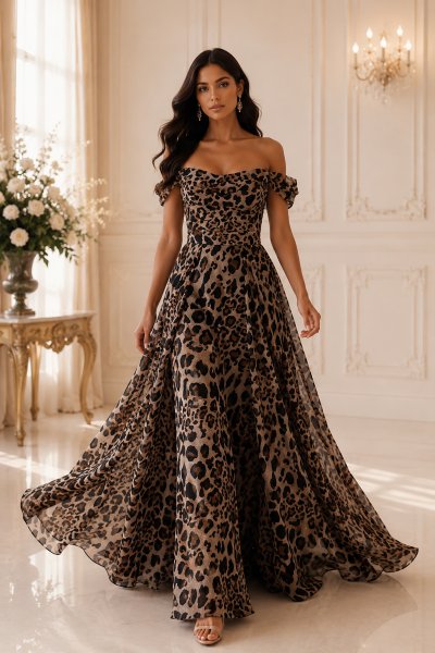 Leopar Desenli Düşük Omuz Abiye