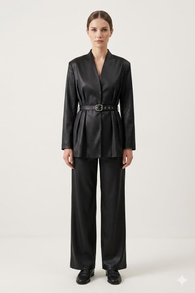 Tokalı Kemerli Kruvaze Saten Ceket