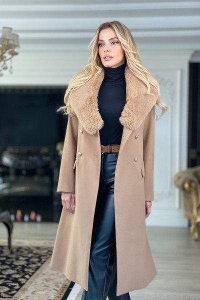 BLAZER KÜRK DETAYLI MAXİ BOY KAŞE KABAN