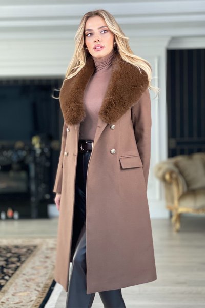 BLAZER KÜRK DETAYLI MAXİ BOY KAŞE KABAN