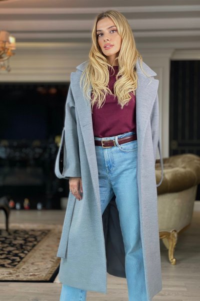 OVERSİZE KOL KEMER DETAYLI KAŞE KABAN